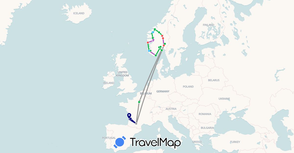 TravelMap itinerary: driving, bus, plane, train, hiking, boat in France, Norway (Europe)